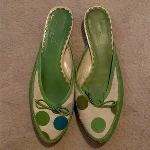 Coach green leather & canvas polka dot flat slides